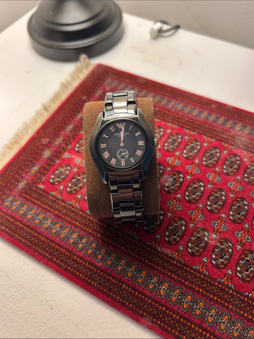 Emporio Armani Black Dial Stainless Steel Bracelet Watch with Rose Gold Accents